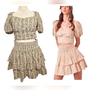 STORIA Floral Lace Trim Puff Sleeve Smocked Tiered Skirt Set. Blue/yellow. M NWT